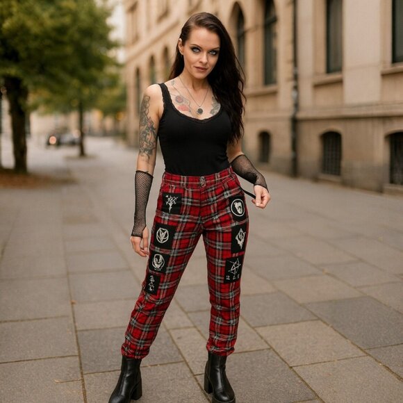 Long Clothing Red Tartan Clip Pants Punk Patch Buckle Straps Y2K Streetwear S - Picture 7 of 10